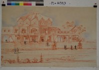 Колхозный дом культуры на 500 человек для северных народов СССР. Конкурсный проект, 1936 г. Перспектива. Бумага, сангина, пастель, 60,5х97. Из собрания Государственного музея архитектуры имени А.В. Щусева